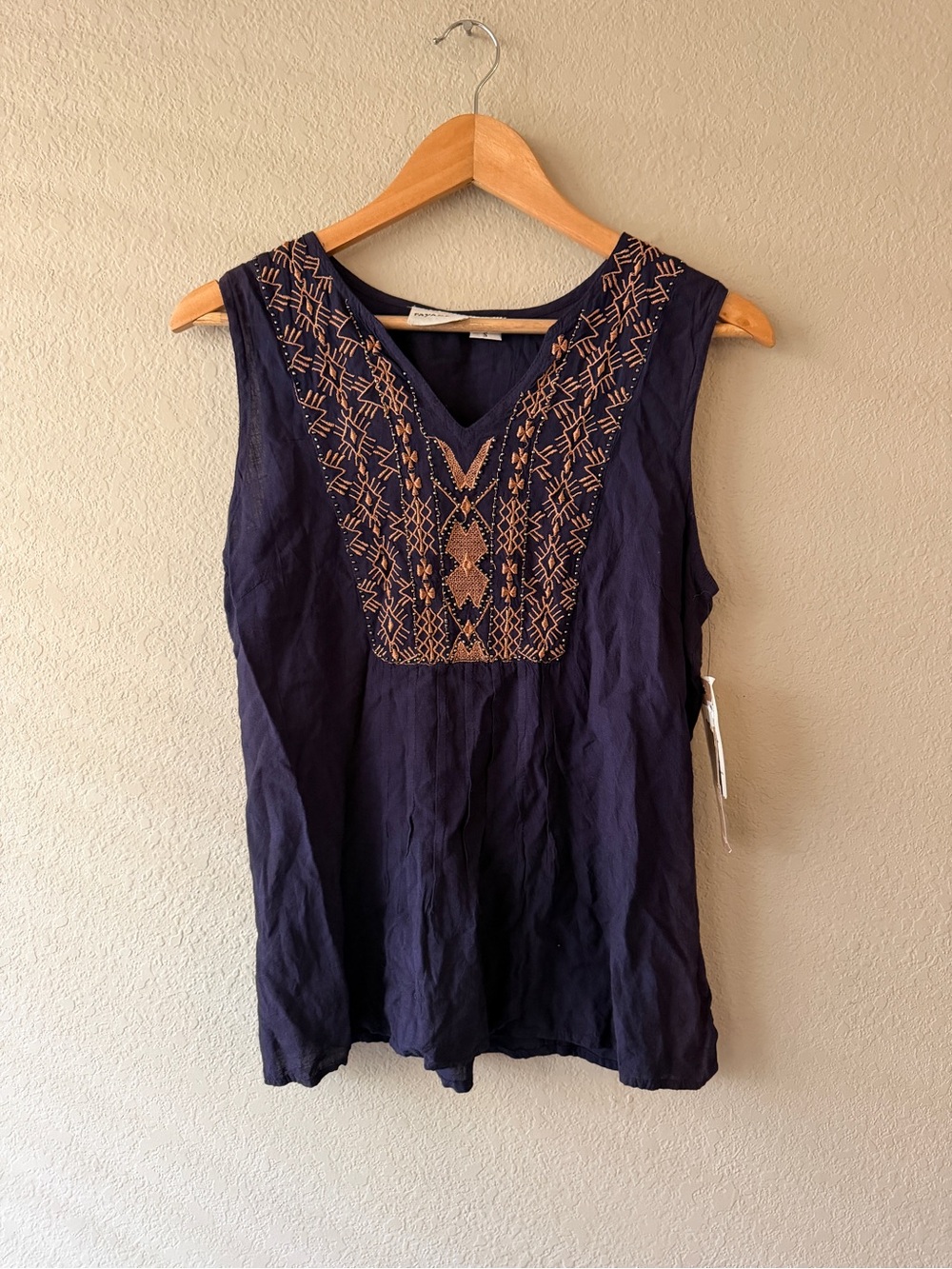 Raya Sun Bead Embroidered Linen Navy Sleeveless V-Neck Top NWT Small